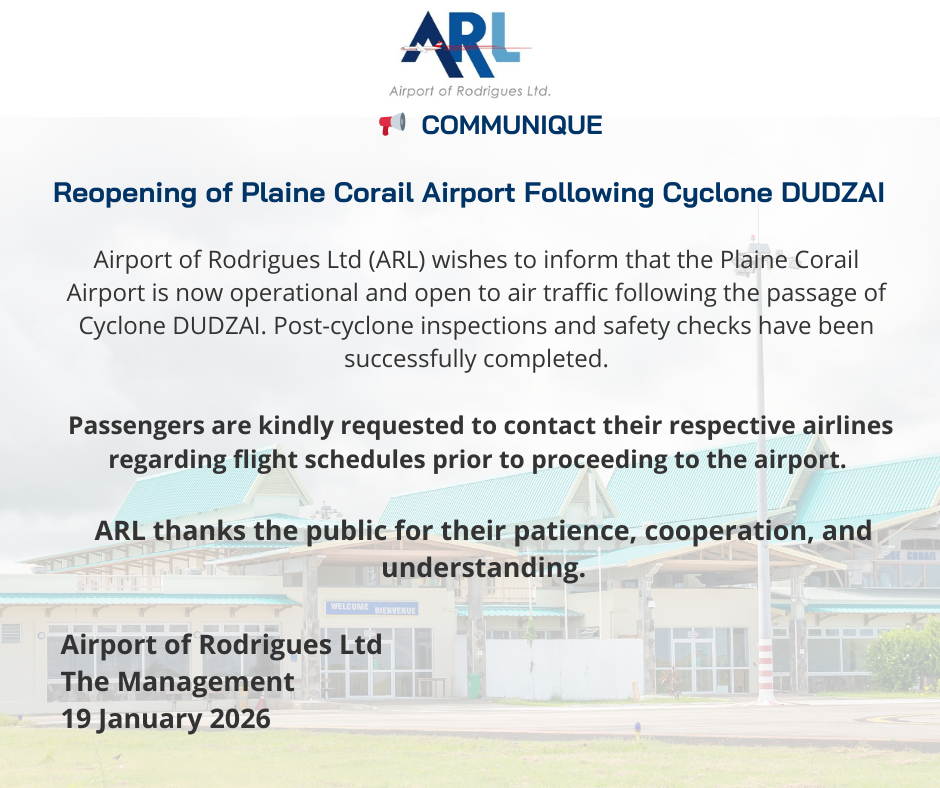 COMMUNIQUE - Reopening of Plaine Corail Airport Following Cyclone DUDZAI